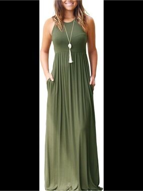 Sleeveless Olive Maxi Dress with Pockets